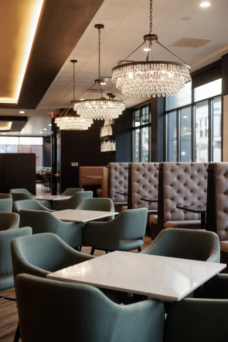 Elegant chandeliers hang from the ceiling above stylish teal chairs and tables in a chic, modern dining space.