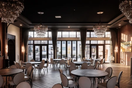 Elegant interior with round tables, chandeliers, brick walls, and large windows. Sunlight streams in, creating a warm and inviting atmosphere.