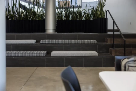Steps with gray cushions and black planters in background.